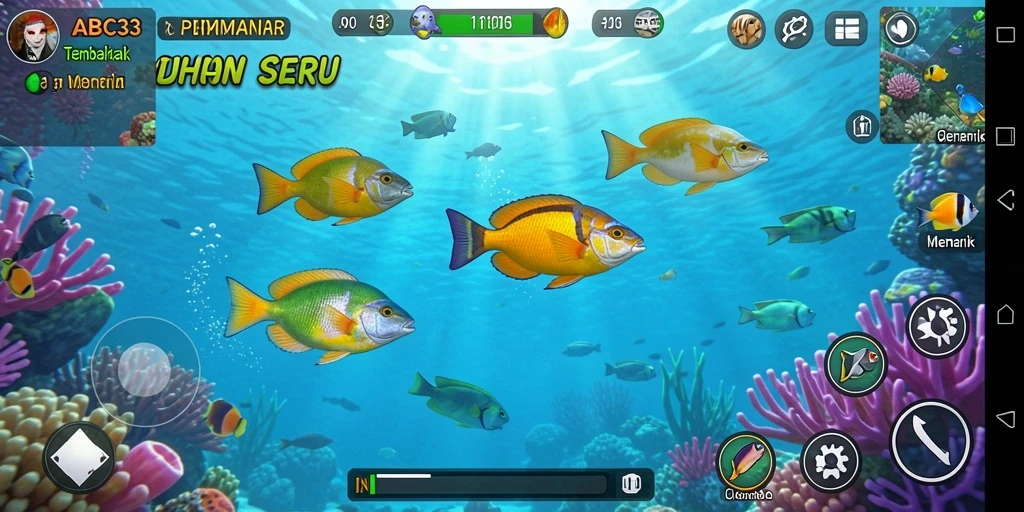 Tampilan gameplay seru dalam ABC33, menangkap ikan dengan senjata.