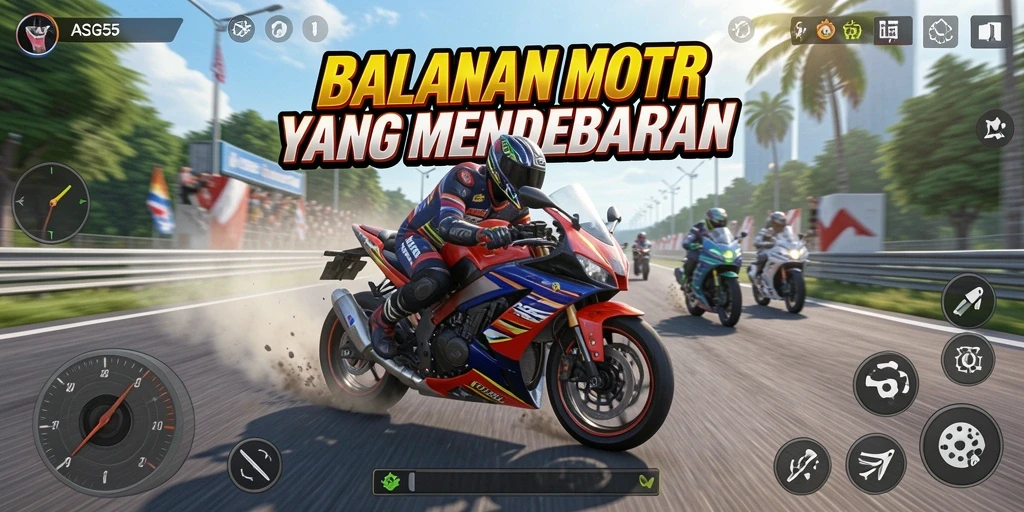 Screenshot gameplay ASG55 yang menunjukkan aksi balapan motor yang seru.