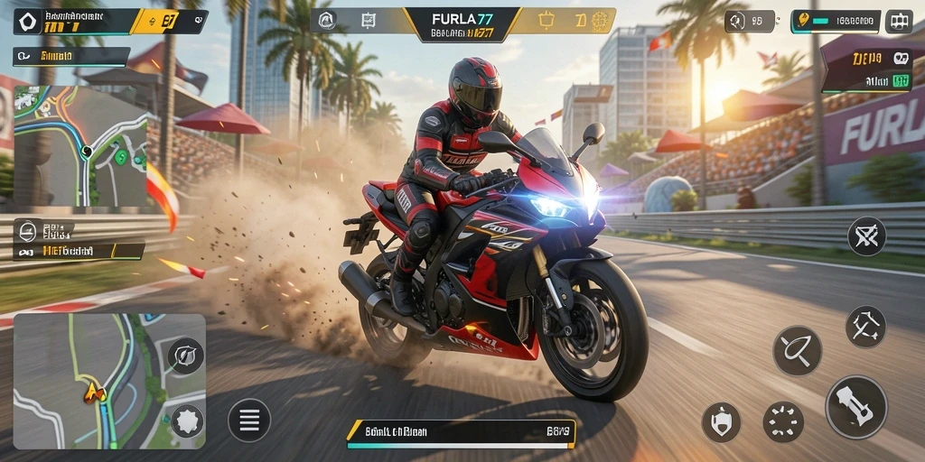 Tampilan gameplay FURLA77 dengan balapan motor yang seru.