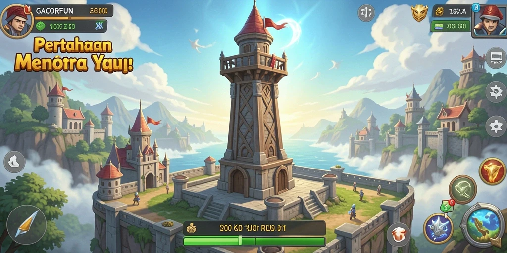 Screenshot GACORFUN menampilkan aksi menara melawan gelombang musuh.