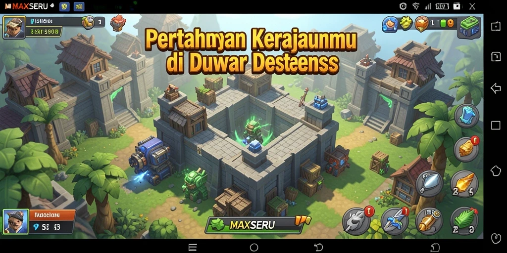 Tangkapan layar MAXSERU yang menunjukkan aksi pertempuran Tower Defense.
