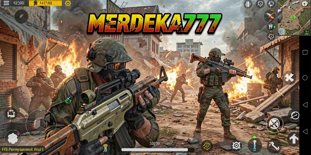 Tangkapan layar permainan MERDEKA777 menunjukkan aksi seru dalam pertempuran FPS.