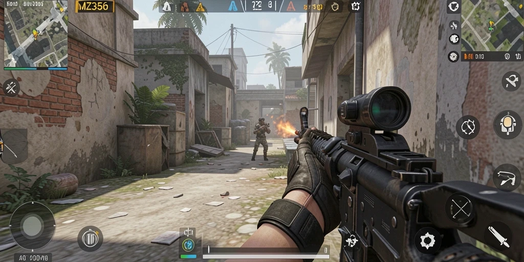 Screenshot MZ356 menampilkan aksi seru dalam gameplay FPS.