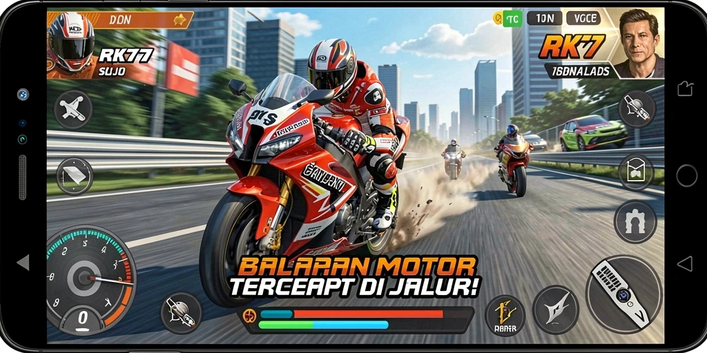 Gameplay mendebarkan dalam balapan motor yang intens.