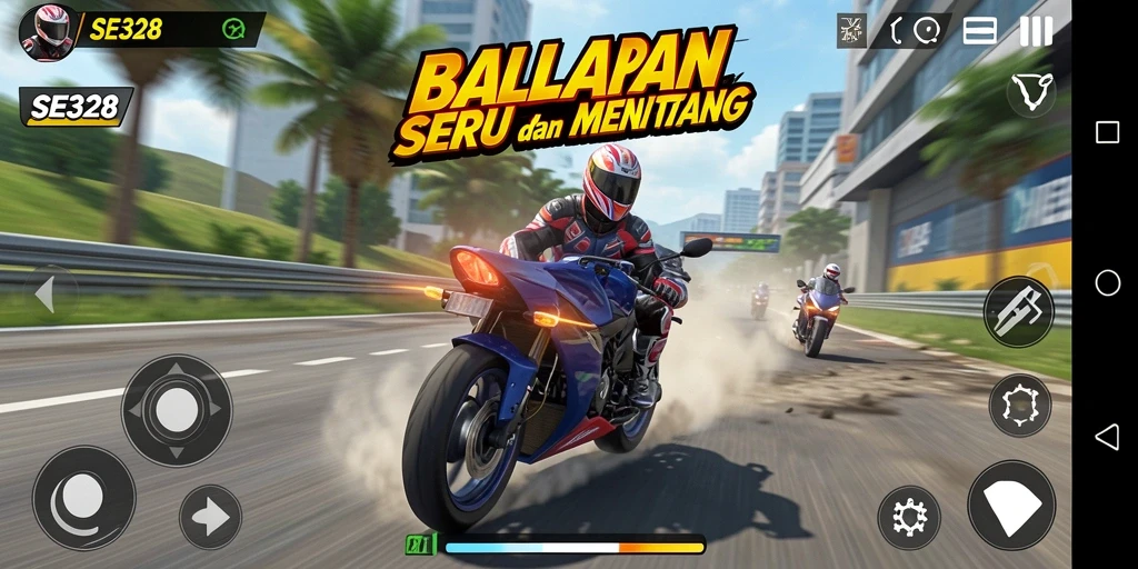 Tampilan gameplay SE328 dengan balapan motor yang mendebarkan.