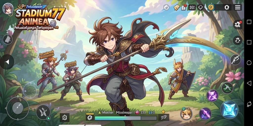 Screenshot gameplay <strong>STADIUM77</strong> dengan pertarungan karakter anime yang seru.